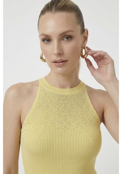 Neden Tekstil Kadın Taşlı Fitilli Halter Yaka Crop Bluz - Açık Sarı