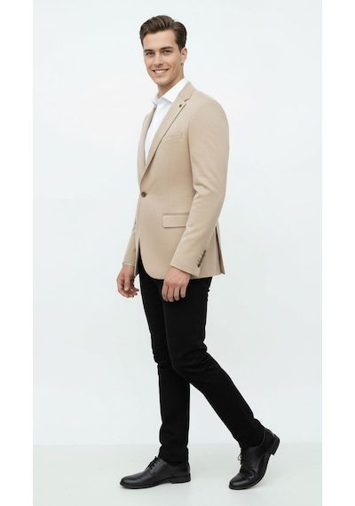 Plus Scorpion Bej Erkek İtalyan Kesim Blazer Ceket Kol Yamali, Slim Fit, Şık Ve Modern Tasarım Bej