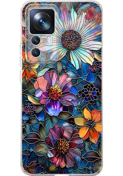 Printify Xiaomi Mi 12t İle Uyumlu Vitray Mücevher Flora Tasarımlı Şeffaf Silikon Kılıf Şeffaf
