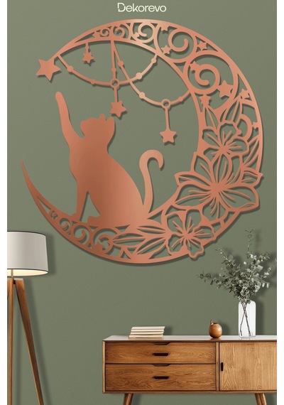 Floral Hilal Ve Kedi Silüeti Dekoratif Metal Tablo - Metal Duvar Sanatı - Bronz - 75 X 75 Cm