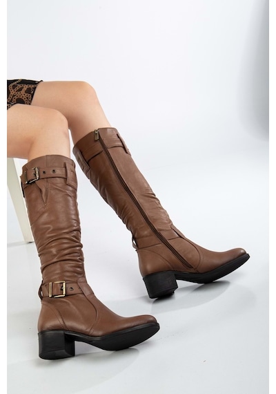 Analin Shoes Kadın Hakiki Deri Körüklü Ayarlanabilir Tokalı Çizme Ceviz