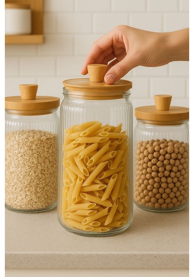 3'lü Bambu Kapaklı Yivli Kavanoz Seti 1800 Ml Şeffaf