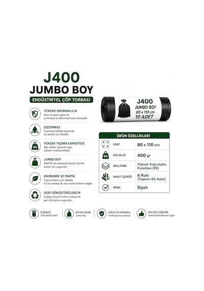 Jumbo Boy Endüstriyel Çöp Poşeti Torbası 80 x 110 CM 6 Rulo 60 Adet 400 G Ağır Hizmet Tipi Kalın Torba