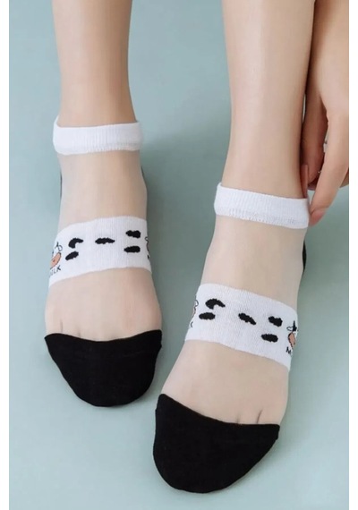 Hitit Socks Kadın 5 Çift İnek Desenli Tül Çorap Beyaz Siyah Beyaz
