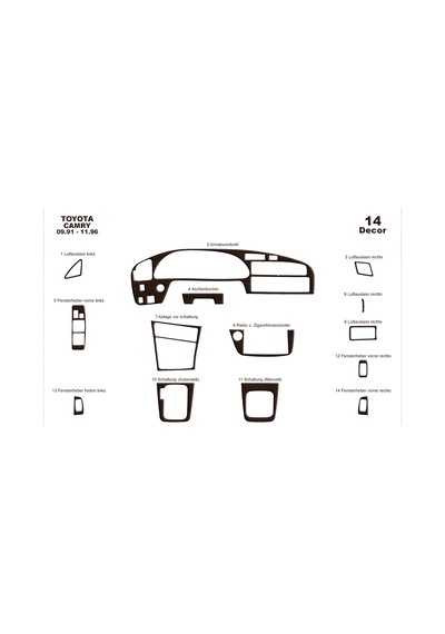 Toyota Camry Torpido Kaplama 1991-1997 14 Parça Koyu Meşe