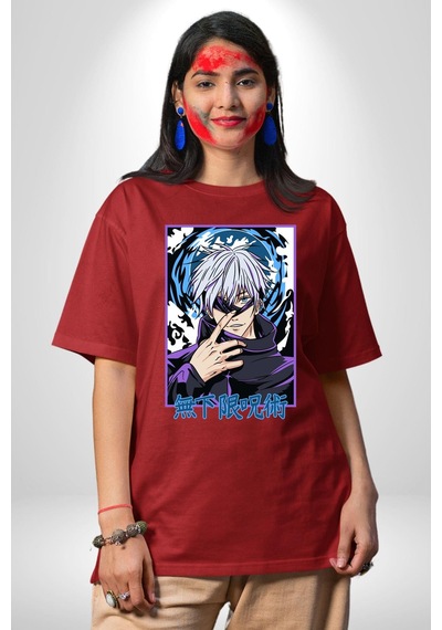 Jujutsu Vintage Washed - Megumi Gojo Anime Manga Pamuklu Bisiklet Yaka Unisex Oversize Boyfriend Dijital Baskılı Kırmızı T-shirt Kırmızı