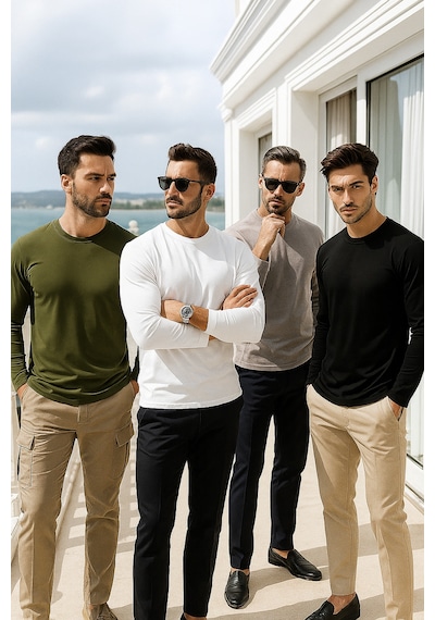 Rich Erkek Siyah-beyaz-grimelanj-haki 4'lü Paket Basic Uzun Kollu Tişört Body T-shirt Siyah