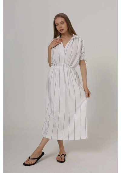 Defymoda Beli Lastikli Elbise - Beyaz Beyaz