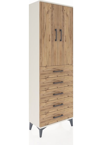 Arges Dolap Tek Raflı 5 Çekmeceli Tek Askılı 60x30x182 Aytaşı-çam Aytası