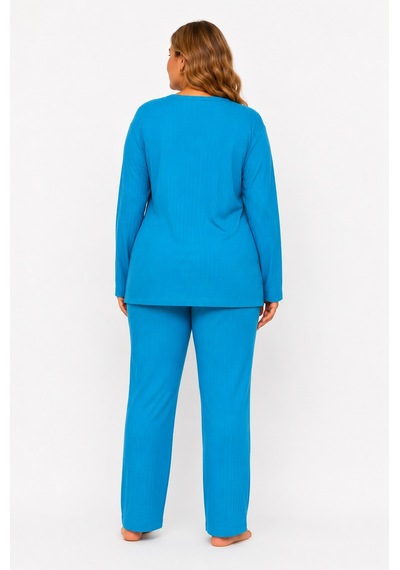 Sleeproom Büyük Beden Kadın Kaşkorse Mevsimlik Mavi Pijama Takımı