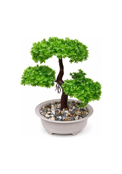 Yıldız Yapraklı Dekoratif Bonsai Yapay Ağaç 24 Cm- Ev & Ofis & Kafe Masa & Raf Dekoru Yeşil Yeşil