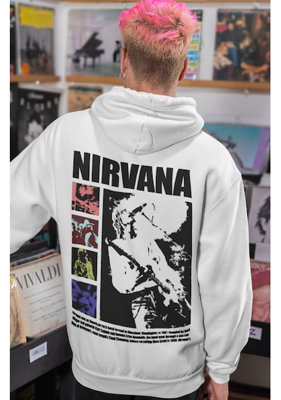 Sevbano Nirvana Rock Metal Müzik Grubu Sırt Baskılı Unisex Oversize Penye beyaz