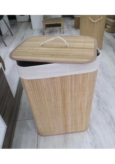 Dekoratif Kulplu Bambu Katlanır Çamaşır Sepeti 40x30x60cm Naturel 72lt Çok Renkli