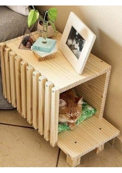 Hem Sehpa Hem Kedi Evi - Fonksiyonel Masif Ahşap Kedi Yuvası