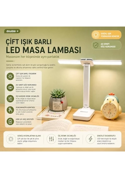 Robeve Şarjlı Led Masa Lambası Çift Işık Barı, 3 Renk Modu, Dokunmatik Kontrollü, Katlanabilir Ve Telefon St Çok Renkli