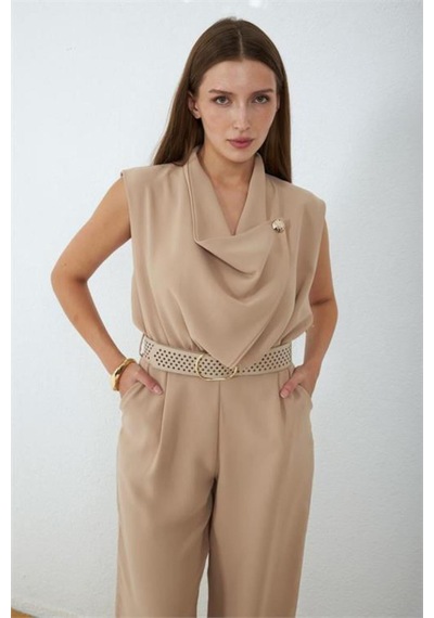 Neşeli Butik Kadın Bej Degaje Yaka Kemerli Kolsuz Geniş Paça Tulum Nbmy4030