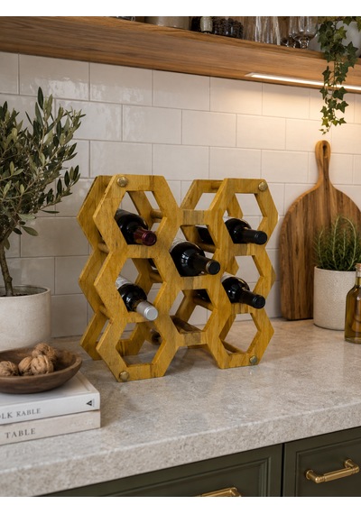 Phellos Hexagon Ahşap Şişe Standı - Dekoratif Şişe Rafı