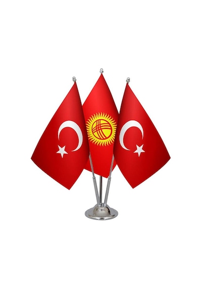 Masa Üstü Kırgızistan Bayrağı Türk Bayrağı Üçlü Krom Direk Masa B