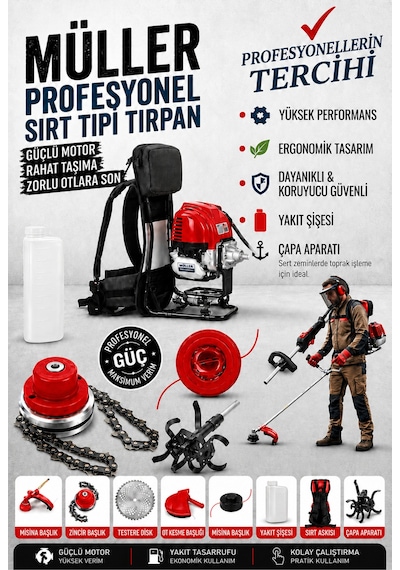 Pro Müller Çelik Piston Quadron-s Benzinli Sırt Tipi Çim Çalı Ot Biçme Tırpan Makinesi Çapa Aparatlı