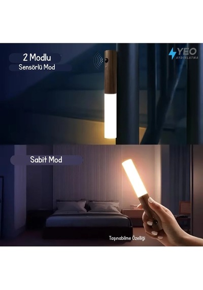 Lunaev Sensörlü Usb Şarjlı Mıknatıslı Taşınabilir Duvar Aplik Masa Lambası Ahşap Görünümlü Gün Işığı .
