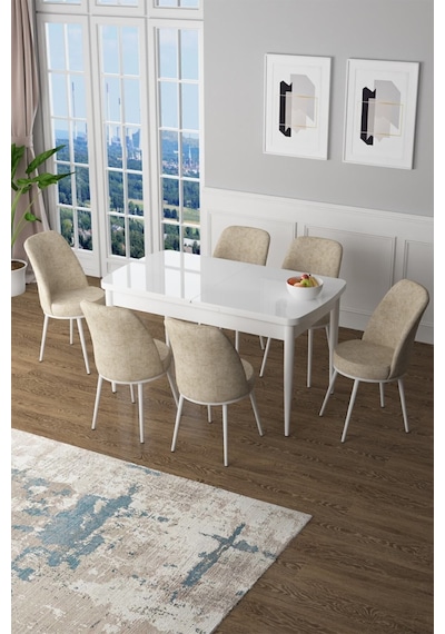 Canisa Concept Zen Serisi 80x132 Mdf Açılabilir Beyaz Mutfak Masası Takımı Ve 6 Krem Sandalye Beyaz Canisa Concept Zen Serisi 80x132 Mdf Açılabilir Beyaz Mutfak Masası Takımı Ve 6 Krem Sandalye Beyaz