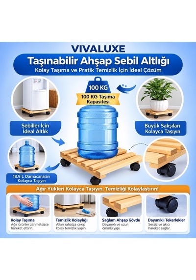 Ahşap Damacana Taşıyıcı, 360 Döner Tekerlekli, Doğal Çam Ağacı, 5 Galon Uyumlu, Kolay Hareket Damacana, Su Sebil Altlığı. Ayarlanabilir Dimi Yok