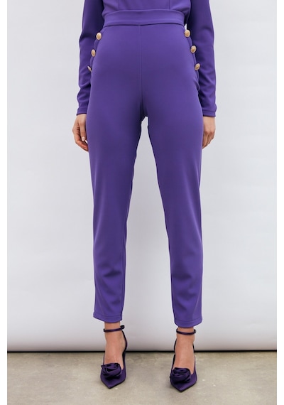 Sateen Düğme Detaylı Pantolon - Mor