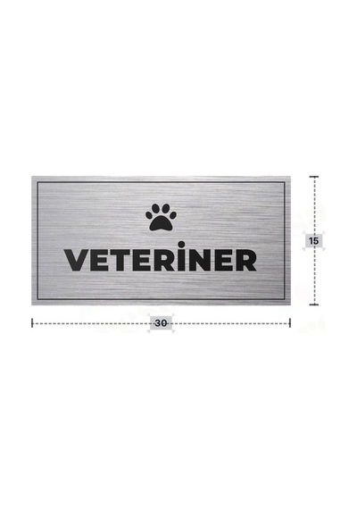 Veterıner Yazılı - Metal - Gümüş Renk - Kapı İsimliği - 30x15 Cm
