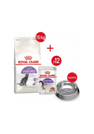 Sterilised37-kuru Kedi Maması 15kg + Yaş Mama 12 85gr +.çelik Mama Kabı