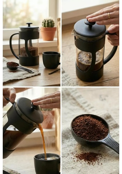 350 Ml Borosilikat Cam French Press & Siyah Modern Kahve Ve Bitki Çayı Demleme Gereci