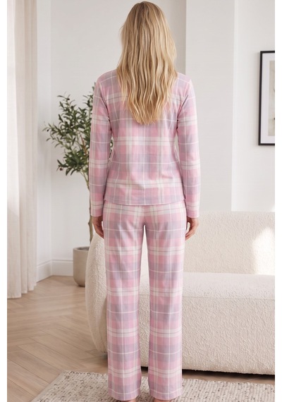 Siyah İnci Düğmeli Pamuklu Likralı Örme Pijama Takım 26240358 Pembe