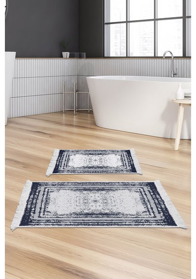 Dekoreko Kaymaz Taban Djt 2 Li Banyo Paspas Takımı Trend Saçaklı Modern M5132 lacivert
