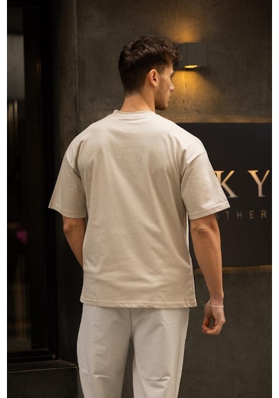Gravel Oversize Bisiklet Yaka Pamuklu T-shirt - Bej Bej