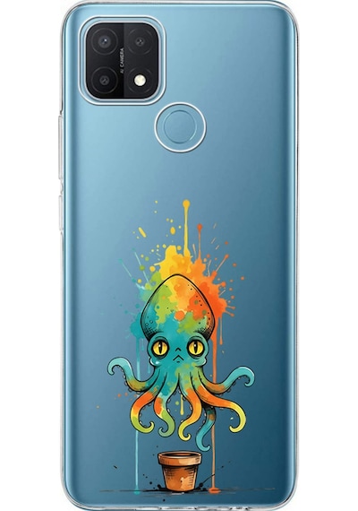 Oppo A15 İle Uyumlu Splash Ahtapot Tasarımlı Şeffaf Silikon Kılıf Şeffaf
