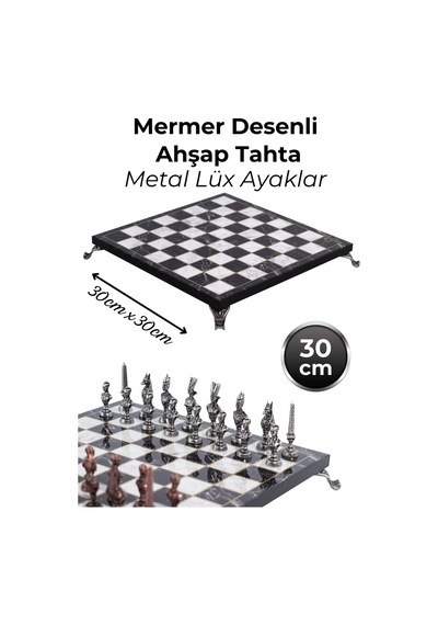 Mc76 Antik Mısır Figürlü Metal Satranç Takımı - 30cm Mermer Desenli Tahta El Yapımı Taşlar