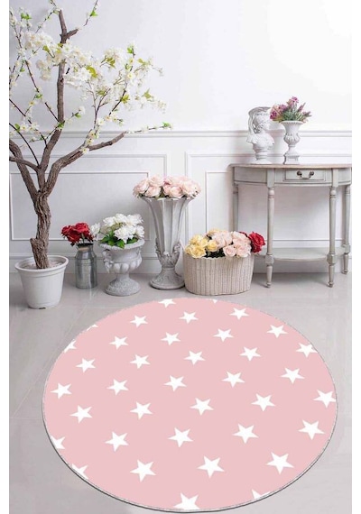 Pembe Yıldızlı Kaymaz Taban Yıkanabilir Yuvarlak Halı Ar606n11