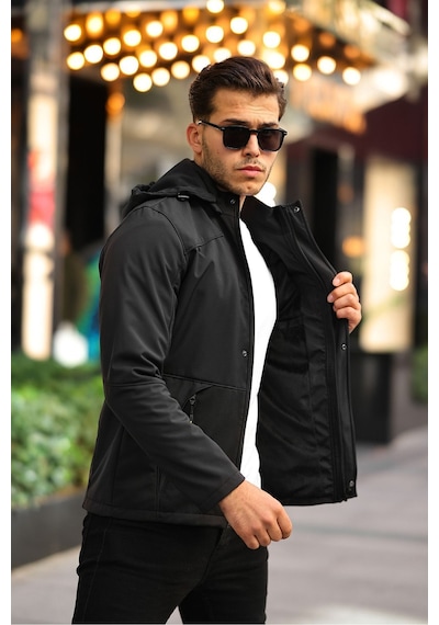 Erkek Mavi Kapüşonlu Softshell Su Ve Rüzgar Geçirmez Içi Kürklü Mont Siyah