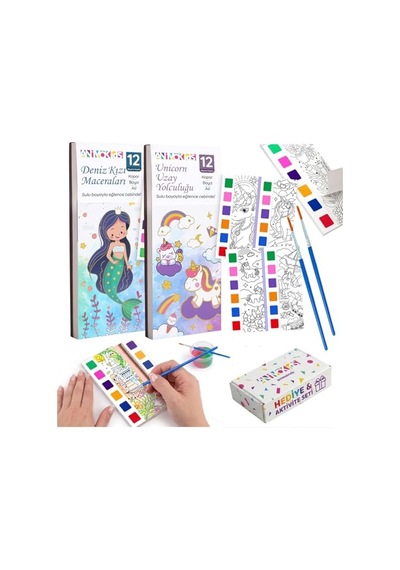 Sulu Boya Defteri Seti 2 Kitap + 2 Fırça - Kendin Yap Kitap Ayracı, Her Sayfada Entegre Boya Paleti - Çocuklar Ve Yetişkinler İçin Hediye Aktivite Seti Deniz Kızı-unicorn