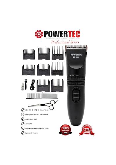 Powertec Tr-9000 Kedi Köpek Tıraş Makinesi Seti Pet Evcil Hayvan Tüy Kesme Makas Ve Metal Tarak Hediyeli 4 - 5 Saat Siyah