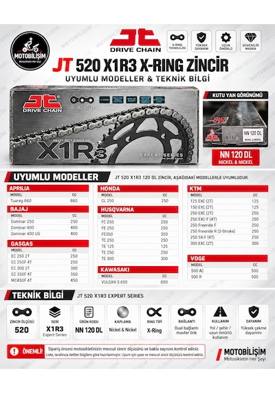 Motosiklet Zinciri 520 X-ring 120 Bakla Jt X1r3 Nickel Güçlendirilmiş Zincir