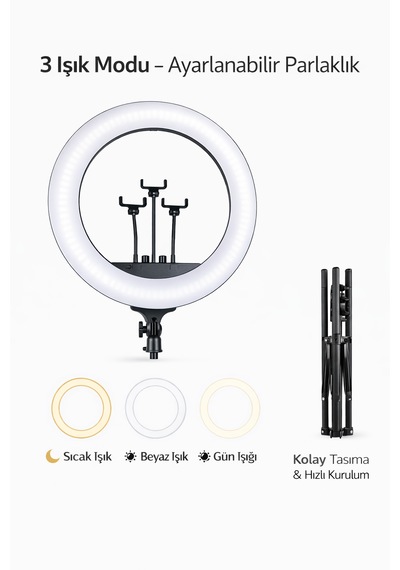Ring Light Led Işık Halkası 21 Inç 54 Cm Profesyonel Stüdyo Işığı Ve 210 Cm Döküm Ayak Kumanda Çanta Siyah