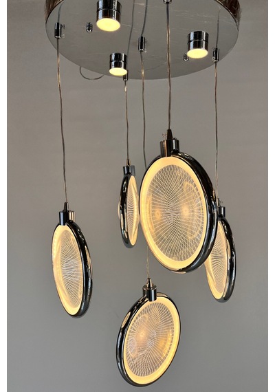 Modern 5'li Krom Led Sarkıt Avize 3 Boyutlu Optik Işık Efektli Gümüş