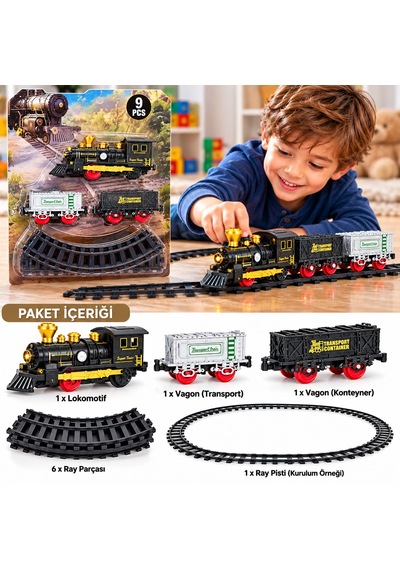 Klasik Pilli 9 Parça Tren Locomotıve Konteyner Ve Transport Vagonlu Oyuncak Seti