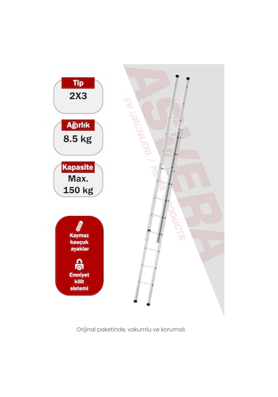 Asvera Endüstriyel 6 Metre 2 Parçalı Alüminyum Merdiven - 1.4 Mm Sürgülü Profesyonel Merdiven