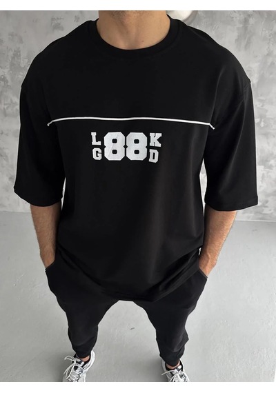 Tarz Yeri Erkek Kısa Kol Yazlık Tişört Bisiklet Yaka Baskılı Oversize T-shirt - Siyah Mor