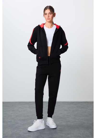 Tommy Life Siyah Kompakt Pamuklu Kalın Pürüzsüz Dokulu Kapüşonlu Oversize Fit Kadın Eşofman Takım - 95343 Siyah