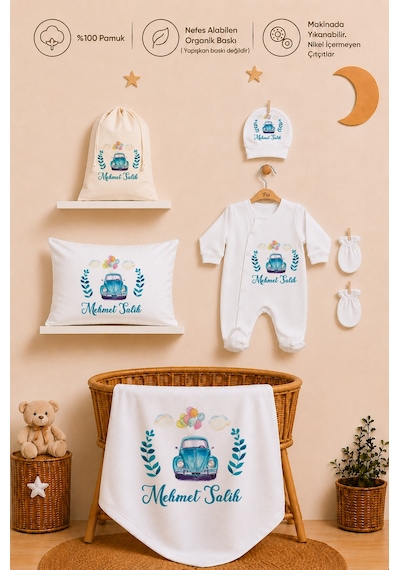 Pia Baby İsme Özel Hastane Çıkışı %100 Pamuk Erkek Bebek Organik Baskılı Tulum Set Keseli Hediyelik 2078tybk0x Krem