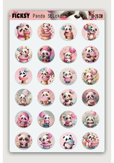 Sevimli Pembe Panda Doğum Günü Temalı Sticker Seti - 24 Adet Yuvarlak Etiket Çıkartma Diğer
