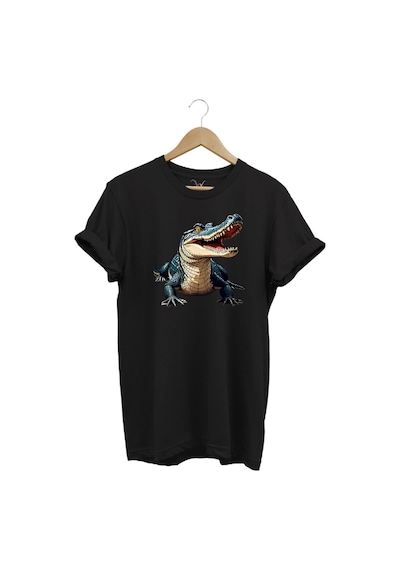 Timsah Baskılı %100 Pamuk Regular Fit T-shirt Siyah