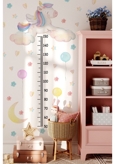 Sevimli Unicorn Ve Rengarenk Figürler Temalı Boy Ölçer Boy Cetveli Sticker Seti Çocuk Çiçekli Yıldız
